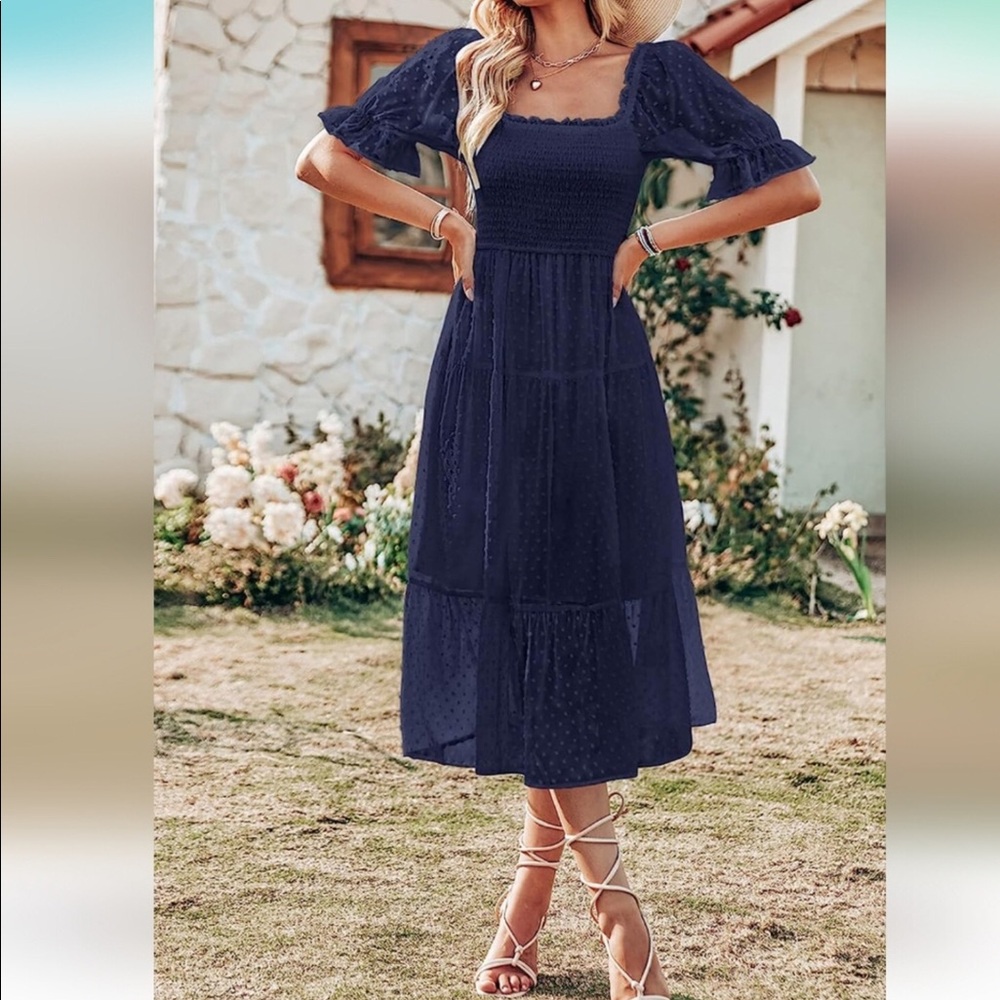 Women’s Navy Midi Smocked Square-Neck Dress - Picture 3 of 8